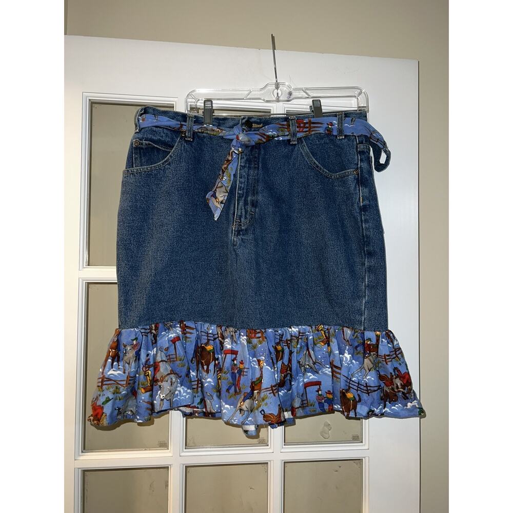 David taylor denim modest jean skirt cowboy printed belt and ruffles 34x30